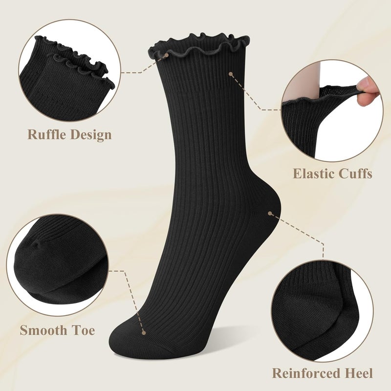 Socksfad Store 6 Pairs Cute Floral Ruffle Crew Socks Women, Breathable Cotton Novelty Casual Girls Above Ankle Funny Socks US 5-10 - Image 3